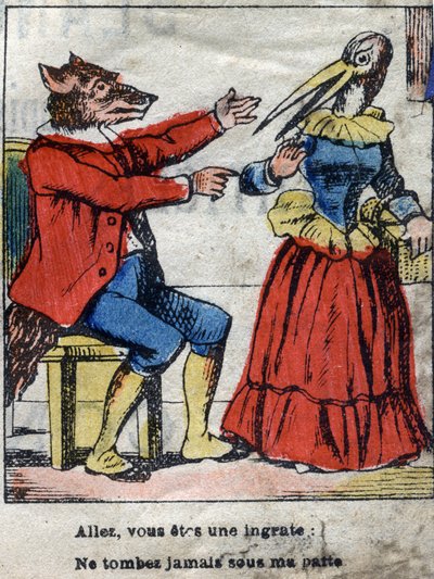 El lobo y la cigüeña. Fábulas de Jean de La Fontaine (1621-1695). Imagen de Epinal finales del siglo XIX. de French School