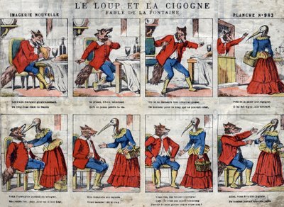 El lobo y la cigüeña. Fábulas de Jean de La Fontaine (1621-1695). Imagen de Epinal finales del siglo XIX. de French School