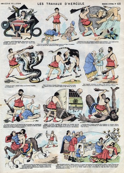 Los trabajos de Hércules (Heracles). En la mitología romana y griega, Hércules es un héroe: aún niño estrangula dos serpientes con las manos desnudas en su cama y pone su fuerza al servicio de los desafortunados, abate al león de Nemea con su garrote, mata de French School