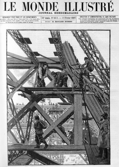 Las obras de la Torre Eiffel para la exposición mundial de 1889, los trabajadores están a cincuenta metros sobre el suelo. En “El Mundo Ilustre” de 1888. de French School