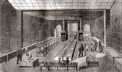 El taller que contiene los baños químicos en la planta de galvanoplastia de Charles Christofle, París, Francia en 1867, de Les Merveilles de la Science, publicado c.1870 (grabado) de French School