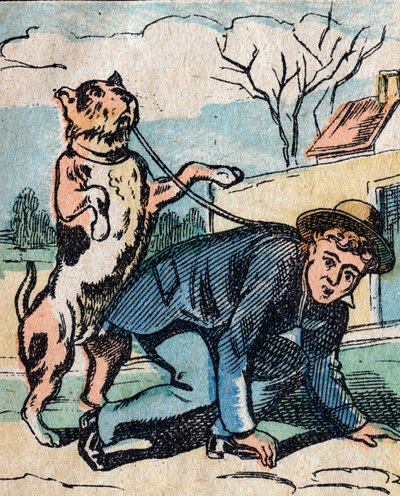 El mundo al revés, una tierra imaginaria: un perro paseando a su amo con una correa - Imagen de Epinal de French School