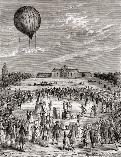 El primer globo de hidrógeno del mundo, lanzado sobre el Campo de Marte, París, Francia en 1783, de Les Merveilles de la Science, publicado c.1870 (grabado) de French School