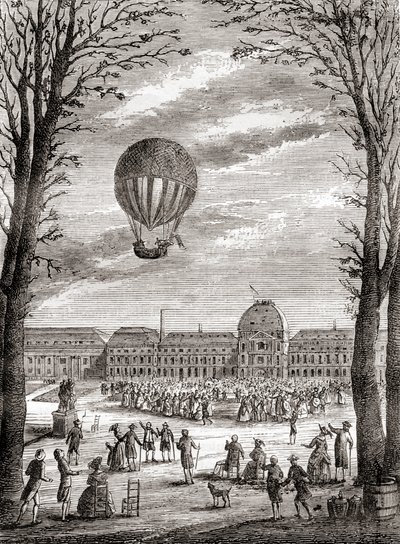 El primer vuelo tripulado en globo de hidrógeno sobre los Campos de Marte, París, Francia, el 1 de diciembre de 1783, pilotado por Nicolas-Louis Robert y el profesor Jacques Charles, de Les Merveilles de la Science, publicado hacia 1870 (grabado). de French School