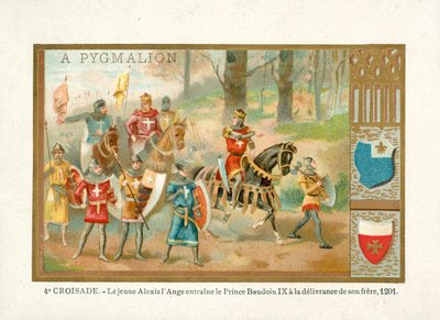 El joven Alexios IV Angelos lleva a Baldwin IX, Conde de Flandes, a liberar a su hermano, Cuarta Cruzada de French School