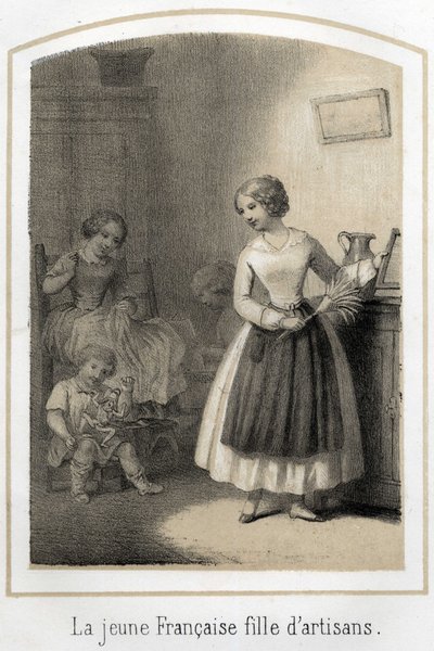 La joven francesa de origen social modesto trabaja como sirvienta en una familia adinerada. Mira a los niños ocupados en sus juegos con envidia. Grabado anónimo del siglo XIX de French School