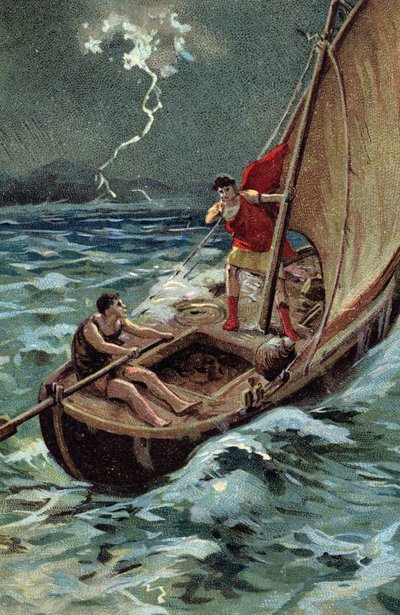 El joven Julio César (100-44 a.C.) cruzando el mar Adriático para unirse a Dalmacia avanza valientemente a pesar del tempete, confiado en su buena estrella y en su destino (Young Julius Caesar (100-44 BC) bravely crosses the adriatic sea on his ship, in sp de French School
