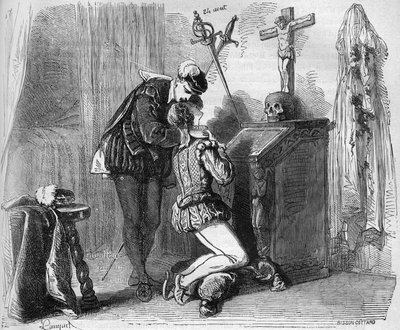 El joven Rey Enrique III (1574-1589) y uno de sus Mignon. Grabado en “La historia de la prostitución y la depravación entre todos los pueblos del mundo desde la antigüedad hasta el presente” por el Dr. Th. -F. Debray. 1879. de French School
