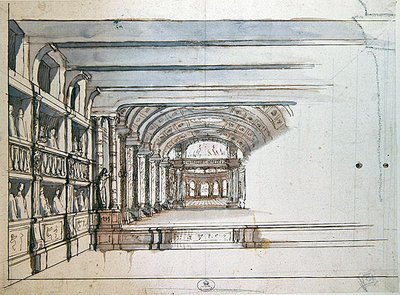 Escenario y auditorio del teatro con palcos, finales del siglo XVII de French School
