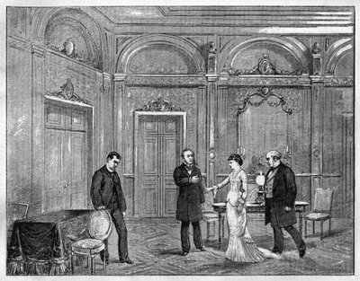 Representación teatral: “Jean Beaudry” de Auguste Vacquerie (1819-1895). 4to acto. París, Teatro Francés (Comedie Francaise). Grabado de 1880 en “La republique illustree” colección privada. de French School