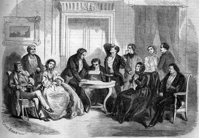 Representación teatral de “El testamento de César Girodot” (escena de la lectura del testamento, Acto I) de Adolphe Belot (1829-1890) y Edmond Villetard. París, Teatro Imperial de l