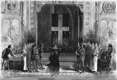 Representación teatral: escena de los ataúdes en "Lucrecia Borgia" de Victor Hugo (1802-1885). París, Teatro de la Porte Saint Martin de French School