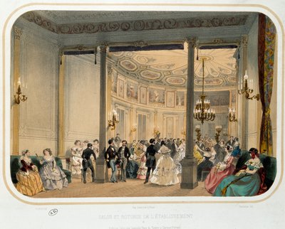 Termalismo: Salón y rotonda de un establecimiento en Vichy durante una recepción mundana. Litografía del siglo XIX París. Artes Decorativas de French School