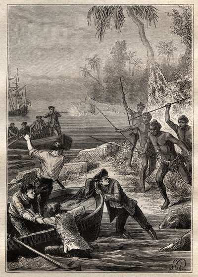 Estos fueron proporcionados tan cerca...: El viaje del Capitán James Cook (1728-1779) a Nueva Zelanda en 1769 - los naturales de Nueva Zelanda atacan a la tripulación de Cook en su acercamiento a la costa - ilustración tomada de “The Great Mariners of the  de French School