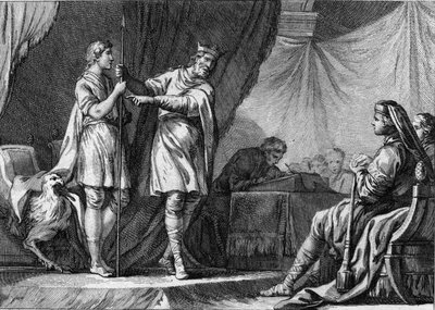 Teodebaldo I (ca. 535-555), rey de Austrasia, rechazando la oferta de los embajadores del emperador bizantino Justiniano de abandonar la defensa de los ostrogodos y unirse al Imperio. Grabado del siglo XVIII. de French School