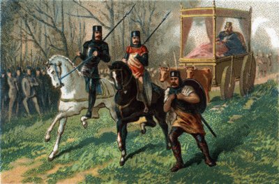 Thierry III, llamado el rey Holgazán de 673 a 691, pasea por París en su carruaje tirado por bueyes. Cromolitografía alrededor de 1890. de French School
