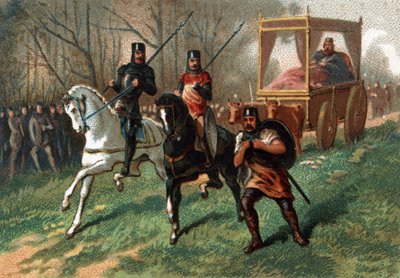 Thierry I (? - 533), Rey de Austrasia en un carro arrastrado por bueyes. Cromolitografía de finales del siglo XIX. de French School