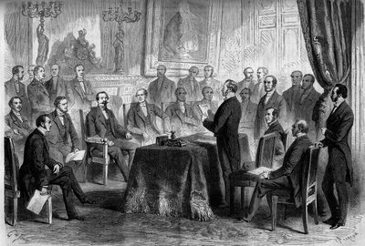 Tercera República: reunión del Consejo de Estado en las Tullerías en presencia de Napoleón III (1808-1873) y el Barón Eugène Georges Haussmann, prefecto de París (1809-1891). Grabado en "Le Monde Illustré" n°291 del 8 de noviembre de 1862 de French School