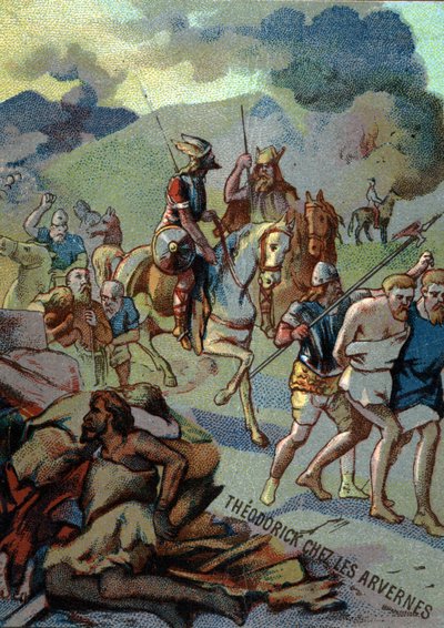 Teoderico, hijo mayor de Clodoveo, en los Arvernos (Auvernia) (532-533). Cromolitografía de la Serie 