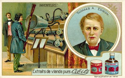 Thomas A Edison, inventor - grabando un fonógrafo de French School