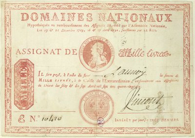Billete de mil libras con una imagen de Luis XVI (1754-93) 1790 de French School