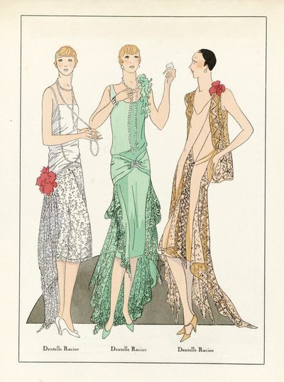 Three Designs for Lace Dresses, pub.c1923 (impresión en pochoir) de French School