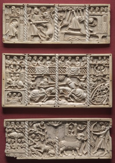 Tres paneles de un cofre con escenas de romances cortesanos, c.1330-1350 de French School