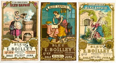 Tres etiquetas para la marca de detergente Bleu de E. Boilley de French School