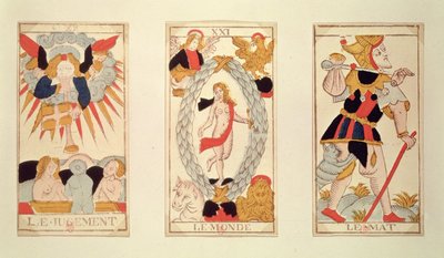 Tres cartas del tarot que representan el Juicio, El Mundo y El Loco de French School