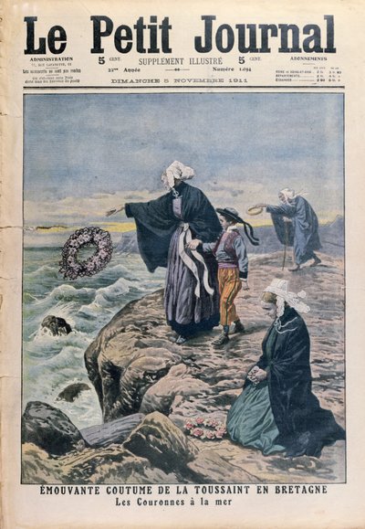 Lanzando coronas al mar en el Día de Todos los Santos en Bretaña, ilustración de portada de Le Petit Journal, 5 de noviembre de 1911 de French School