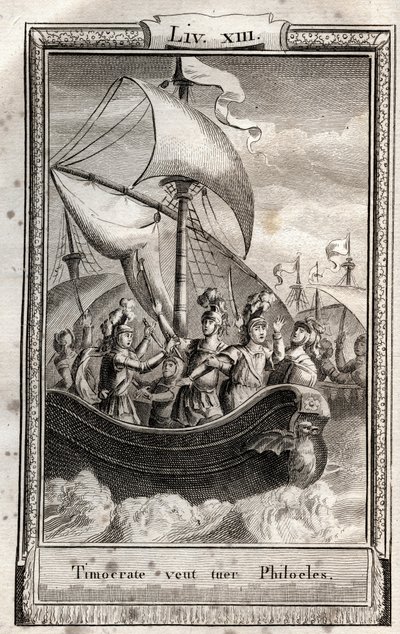 Timócrates quiere matar a Filóeles - grabado de 1798 por Monnet en 
