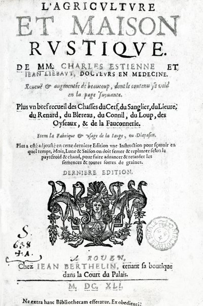Página de título de LAgriculture et Maison Rustique, por Charles Estienne, edición publicada en 1641 de French School