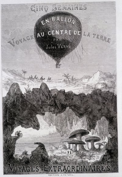 Página de título: “Cinco semanas en globo” y “Viaje al centro de la Tierra” por Jules Verne, sd. Ediciones Hetzel bajo el nombre general “Les Voyages Extraordinary” de French School
