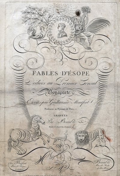 Página de título de “Fábulas de Esopo”. (Escritor griego Esopo, siglo VI a.C.) dedicado al primer Cónsul Bonaparte, escrito por Guillaume Montfort y grabado por Beauble en 1801. de French School