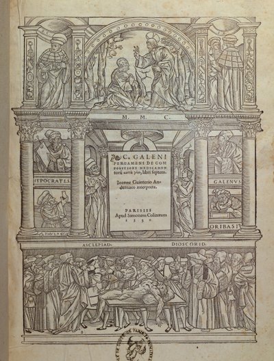 Portada de un libro de Galeno, publicado en París, 1530 de French School