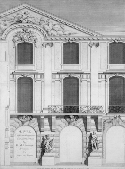 Página de título de un libro de láminas grabadas de los diseños de Oppenord, publicado en 1745 de French School