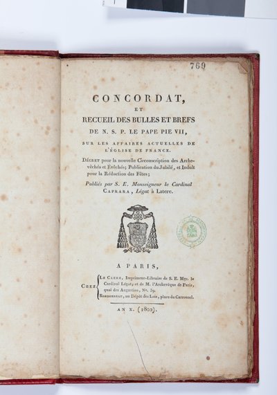 Página de título del Concordato y Recopilación de bulas y breves de N. S. P. el Papa Pío VII, publicado por Giovanni Battista Caprara, París, Chez Le Clers, 1802 de French School