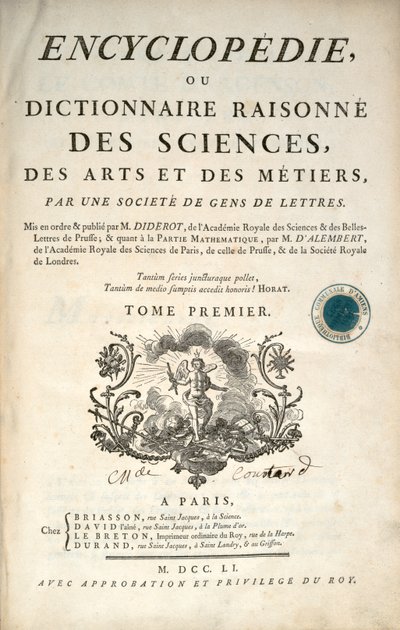 Página de título del primer volumen de la Enciclopedia de Denis Diderot y Jean le Rond d