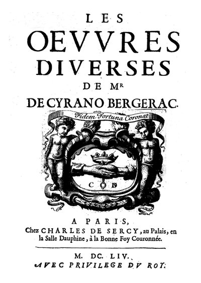 Páginas de título de “Les œuvres divers de Monsieur de Cyrano Bergerac” 1654. (1619 -1655) escritor francés. de French School