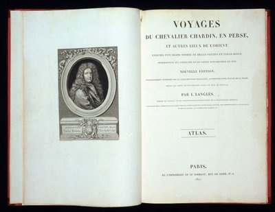 Portada y retrato del frontispicio de Voyages du Chevalier Chardin en Perse, 1811 de French School