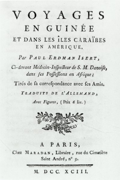 Página de título de Viajes en Guinea y en las Islas Caribe en América por Paul Erdman Isert, publicado en 1743 de French School