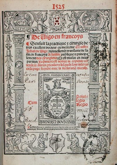 Portada de un libro de cirugía de Jean de Vigo (1460-1525) 1525 de French School