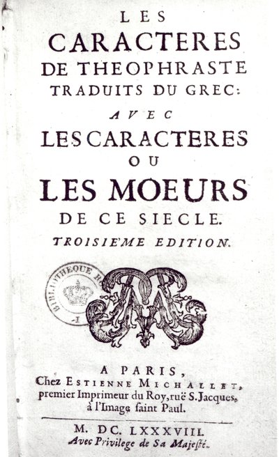 Portada de Les Caracteres de Theophraste traduits du grec, avec Les Caracteres ou les moeurs de ce siecle por La Bruyere (1645-96) 1688 de French School