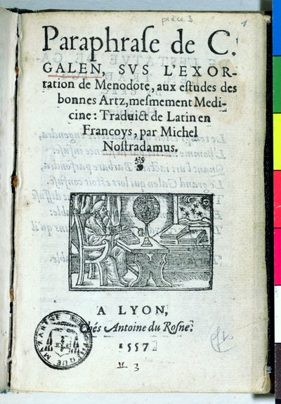 Portada de Paraphrase de C. Galien por Michel de Nostradame (Nostradamus), 1557 de French School