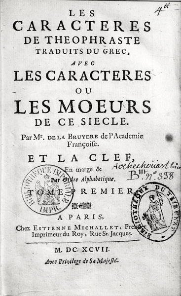 Página de título de Les Caractères de Teofrasto traducido por Jean de la Bruyère (1645-96) 1697 de French School