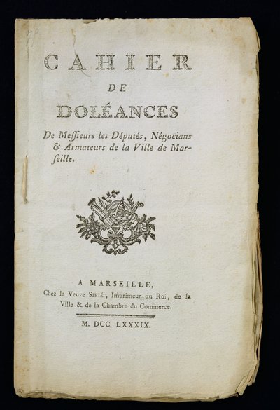 Portada del Libro de Quejas de los Diputados, Comerciantes y Armadores de Marsella, 1789 de French School