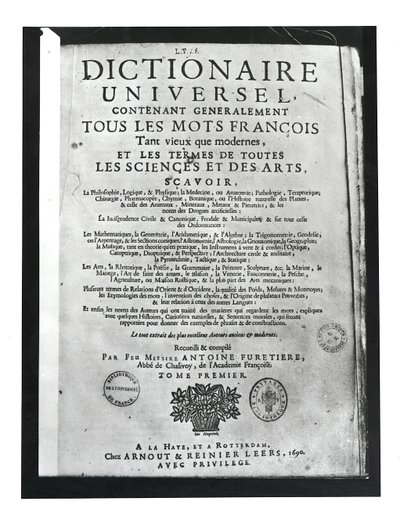 Portada del Dictionnaire Universel de Antoine Furetiere (1619-88) 1690 de French School