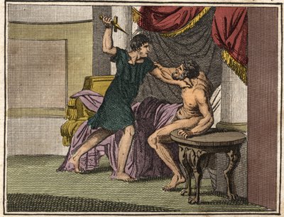 Tito Manlio Torcuato (cónsul en 347 a.C.) armado con un cuchillo, obliga al tribuno Marco Pomponio a retractarse de las acusaciones hechas contra su padre Lucio Manlio Capitolino Imperioso de French School