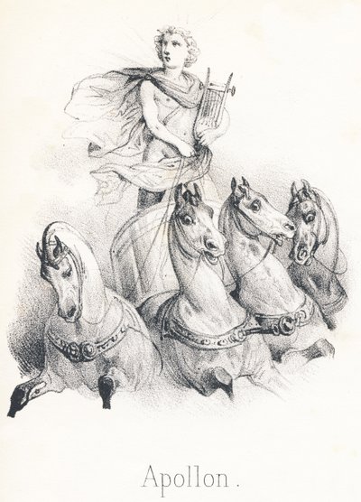 A Apolo: Este Dios era hijo de Júpiter y Latona llamado Febo en el cielo cuando conducía el carro del sol arrastrado por cuatro caballos de French School