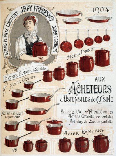 A los compradores de utensilios de cocina. Compre Phenix Steel o Granite Steel, estos son artículos de cocina perfectos - Etiqueta publicitaria de French School
